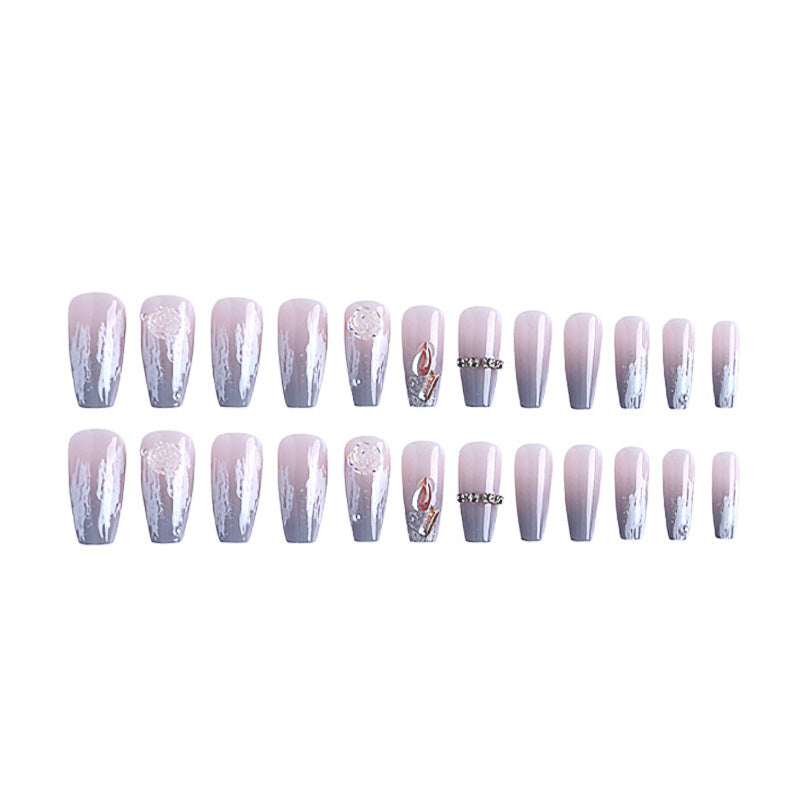 Faux ongles camélia dégradé bleu glace-gris