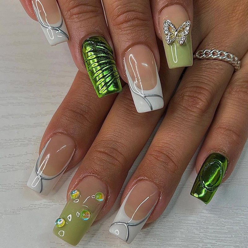 Aurora Green Teardrop Diamond False Nails