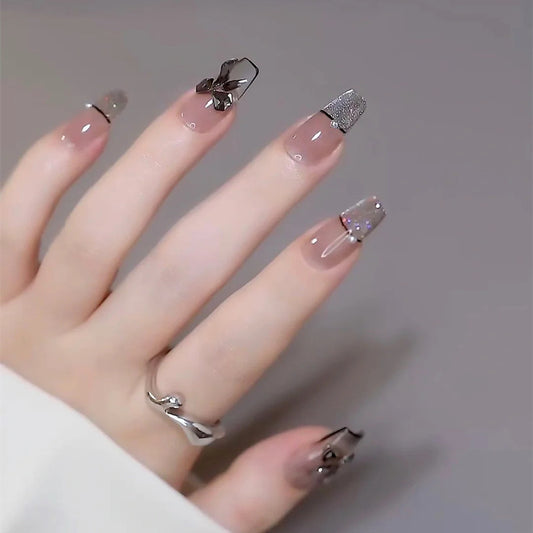 Black Crystal Ice Butterfly Trapezoid False Nails