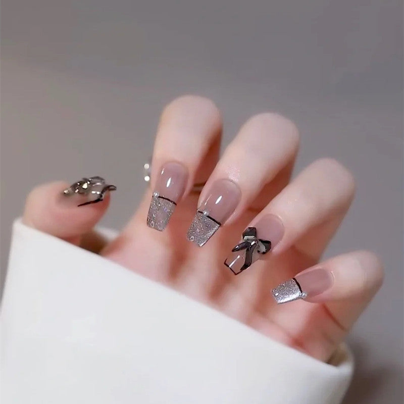 Black Crystal Ice Butterfly Trapezoid False Nails