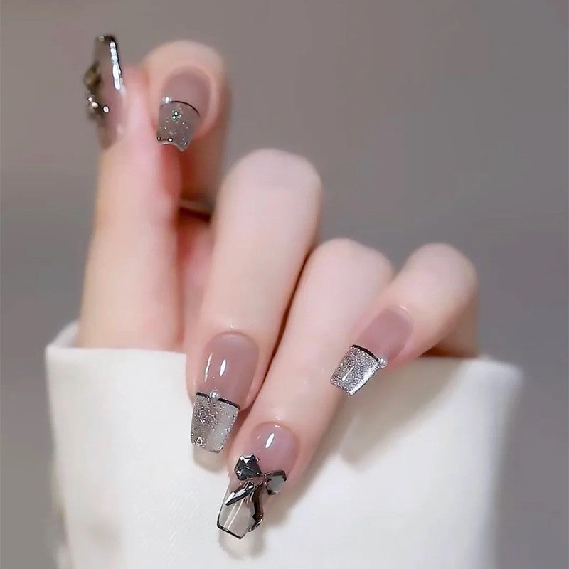 Black Crystal Ice Butterfly Trapezoid False Nails