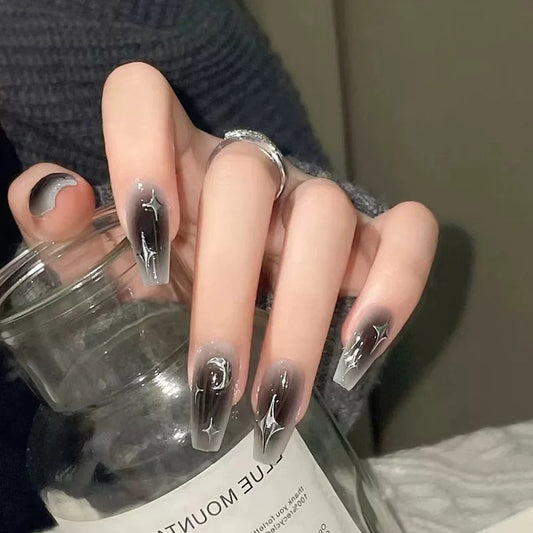 Silver Crescent Moon and Stars False Nails