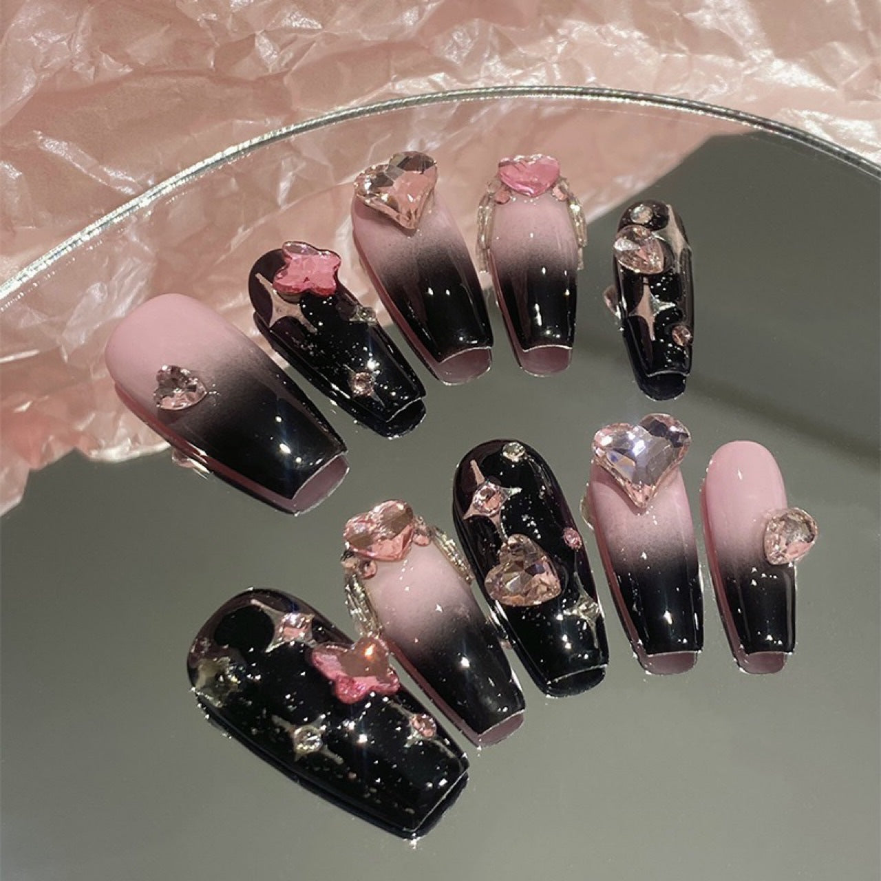 Black and Pink Heart False Nails