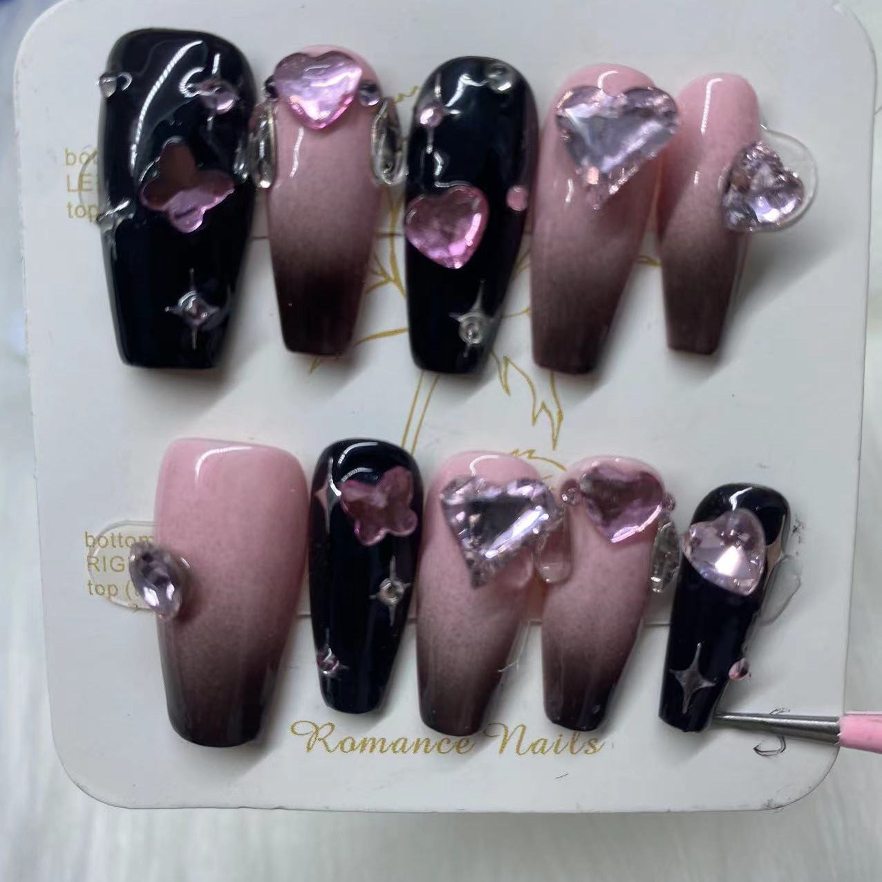 Black and Pink Heart False Nails