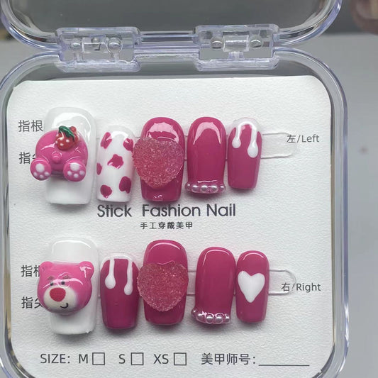 Cute Rose-red Strawberry Bear False Nails