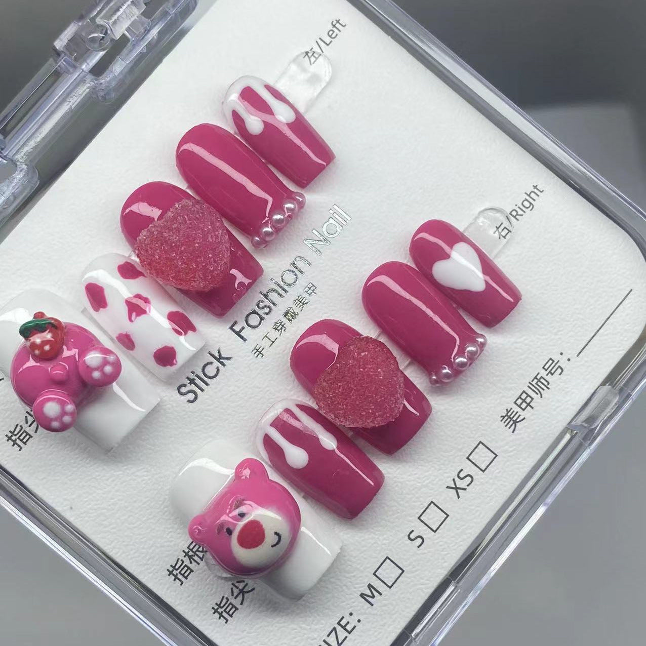 Cute Rose-red Strawberry Bear False Nails