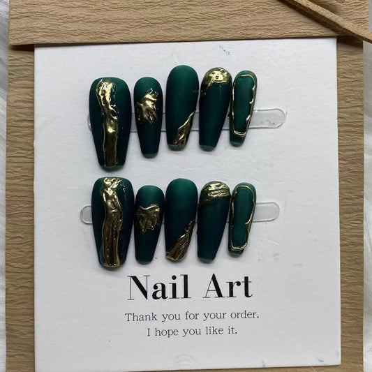 Contrasting Dark Green and Gold False Nails