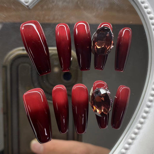 Wine Gradient Diamond False Nails