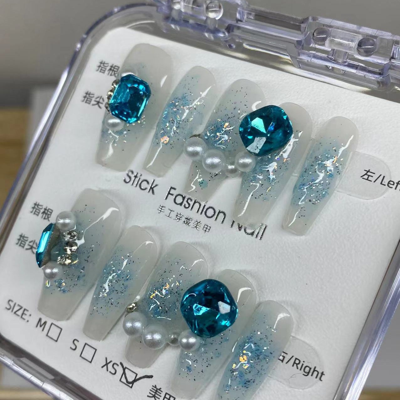 Blue Pearl Square Diamond False Nails