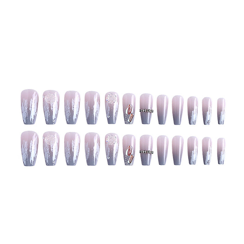 Gradient Ice Blue-Grey Camellia False Nails