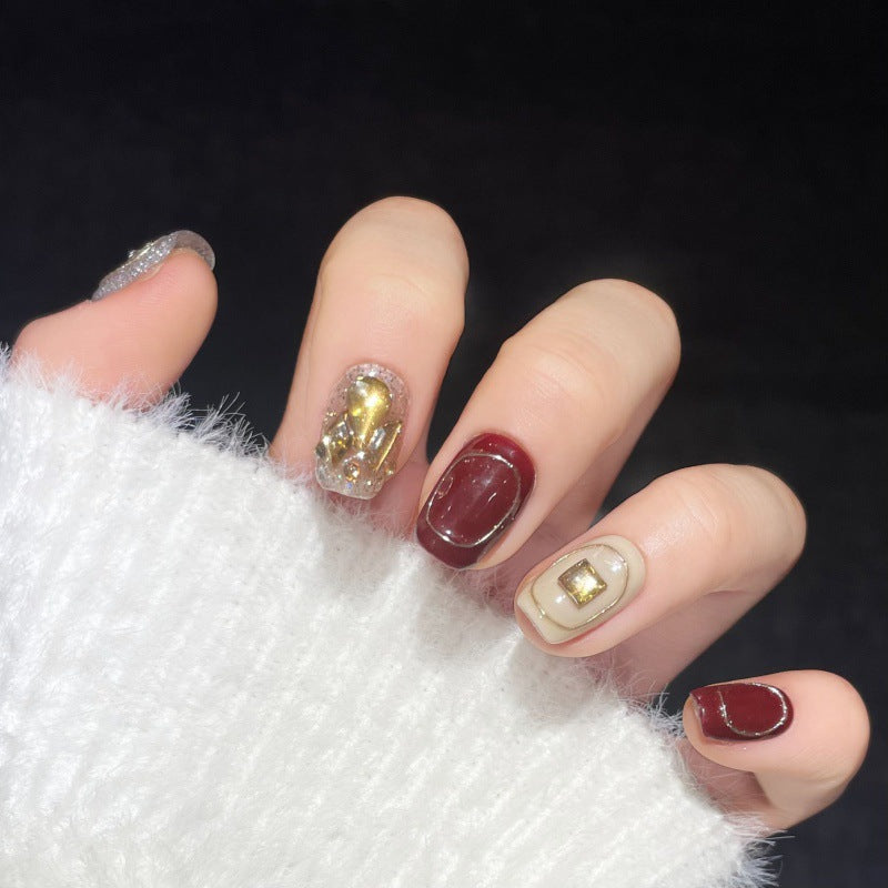 Flashy Gold Thread Cherry False Nails