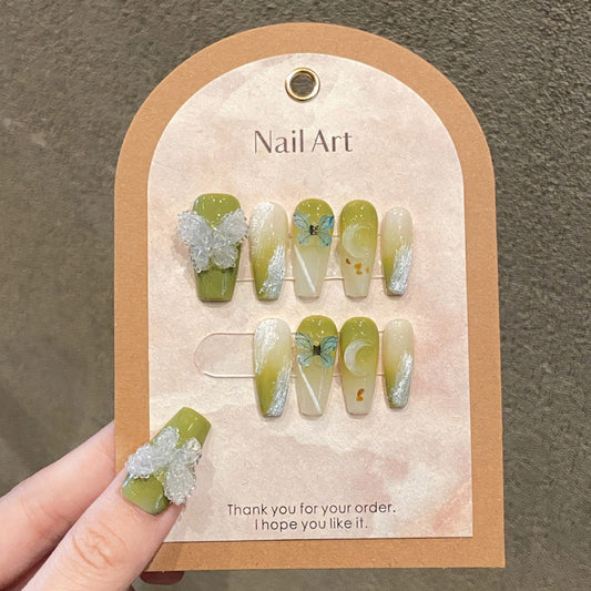 Green Gradient Crystal Butterfly False Nails