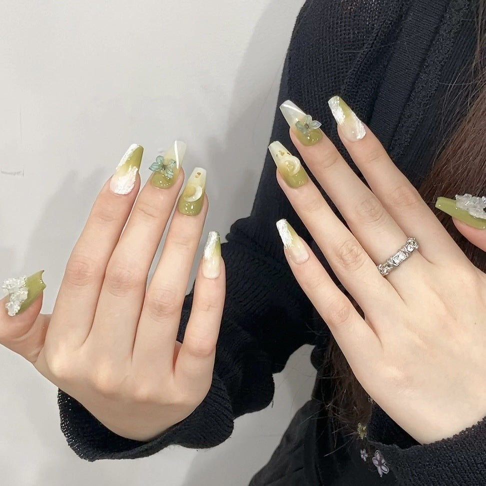 Green Gradient Crystal Butterfly False Nails