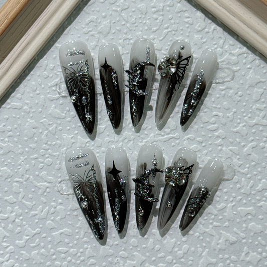 Metallic Hand-Painted Butterfly False Nails