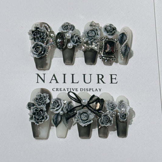 Carved Black Rose False Nails