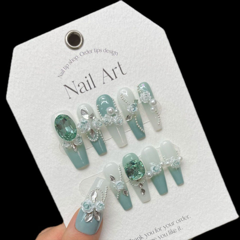 Green Full-diamond Camellia Gradient False Nails