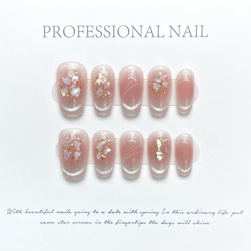 Shell Gold Leaf Pearl Blush Flase Nails