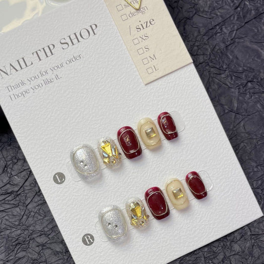 Flashy Gold Thread Cherry False Nails