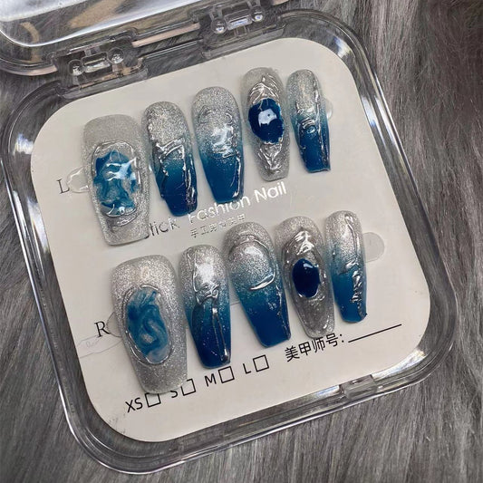 Buccellati Blue Gradient Magic Crystal Powder False Nails