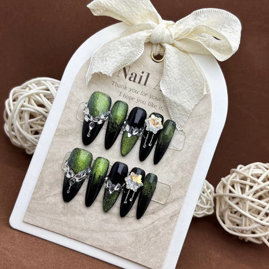 Dark Green Cat's Eye False Nails