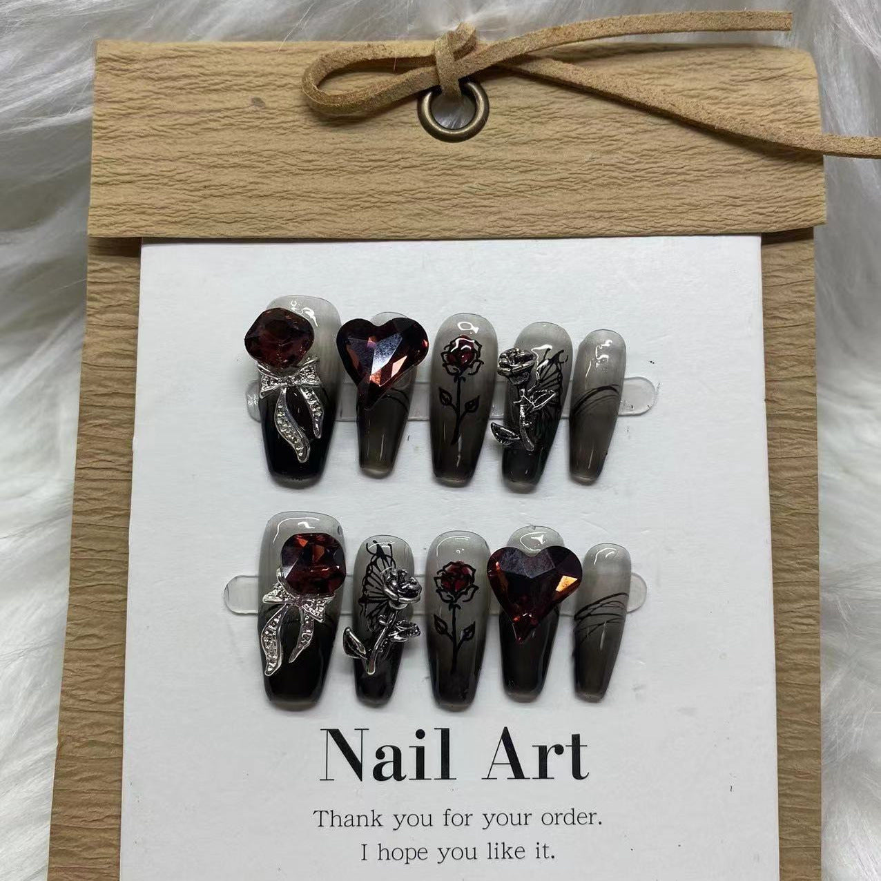 Metal Bow-Knot Black Rose False Nails