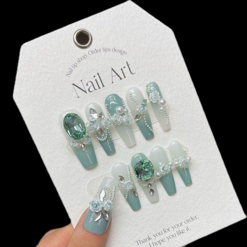 Green Full-diamond Camellia Gradient False Nails