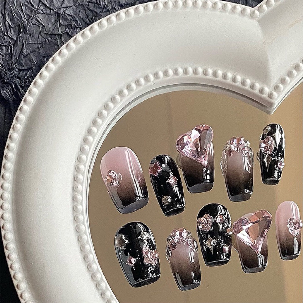 Black and Pink Heart False Nails