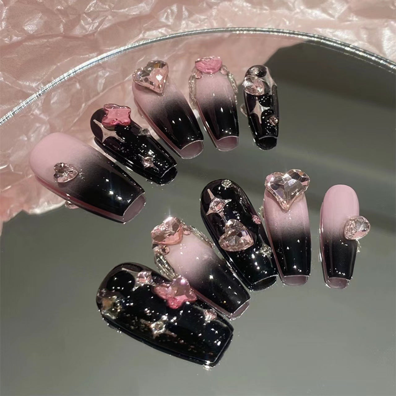 Black and Pink Heart False Nails