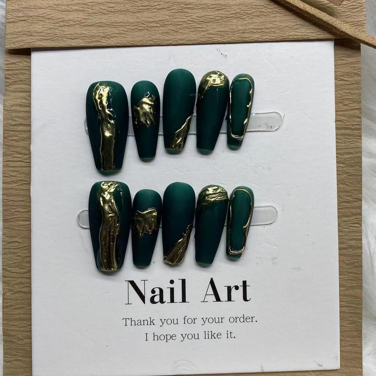 Contrasting Dark Green and Gold False Nails