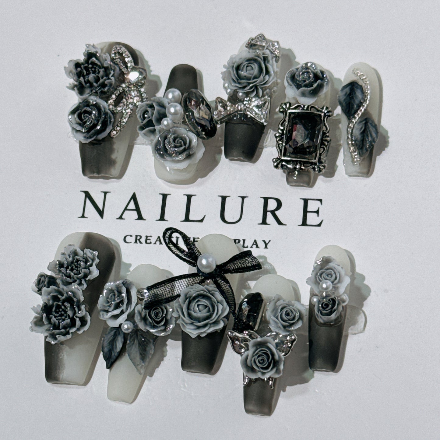 Carved Black Rose False Nails