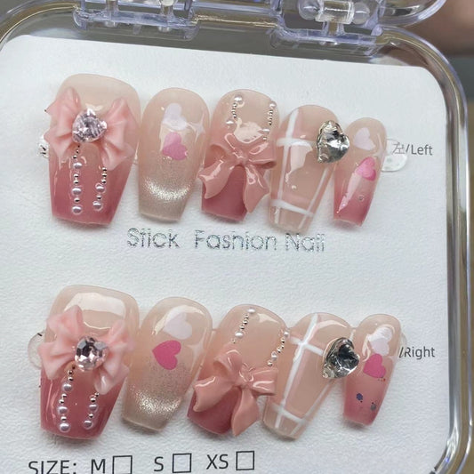 Pink Heart Bow False Nails