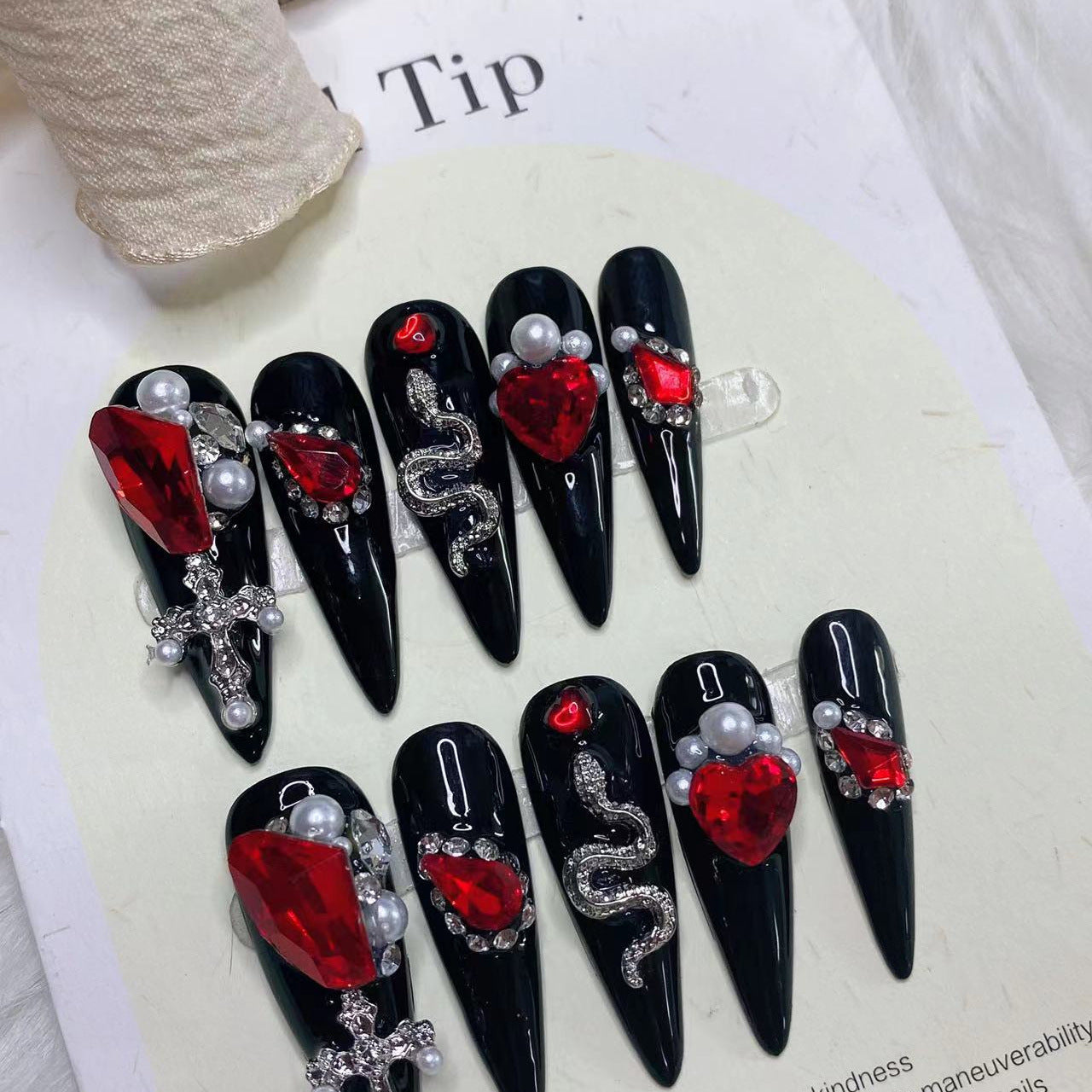 Dark Red Diamond False Nails