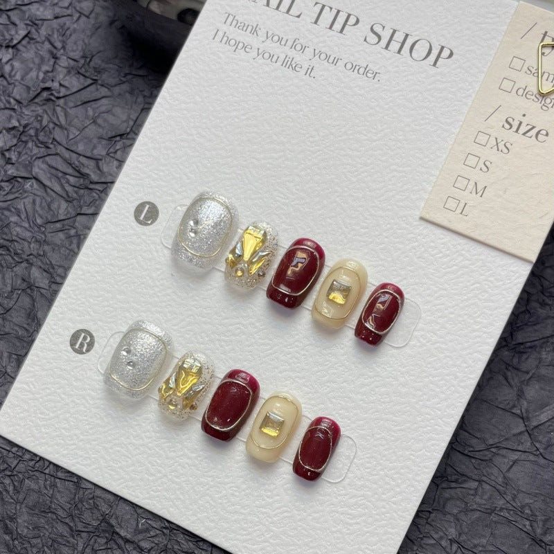 Flashy Gold Thread Cherry False Nails